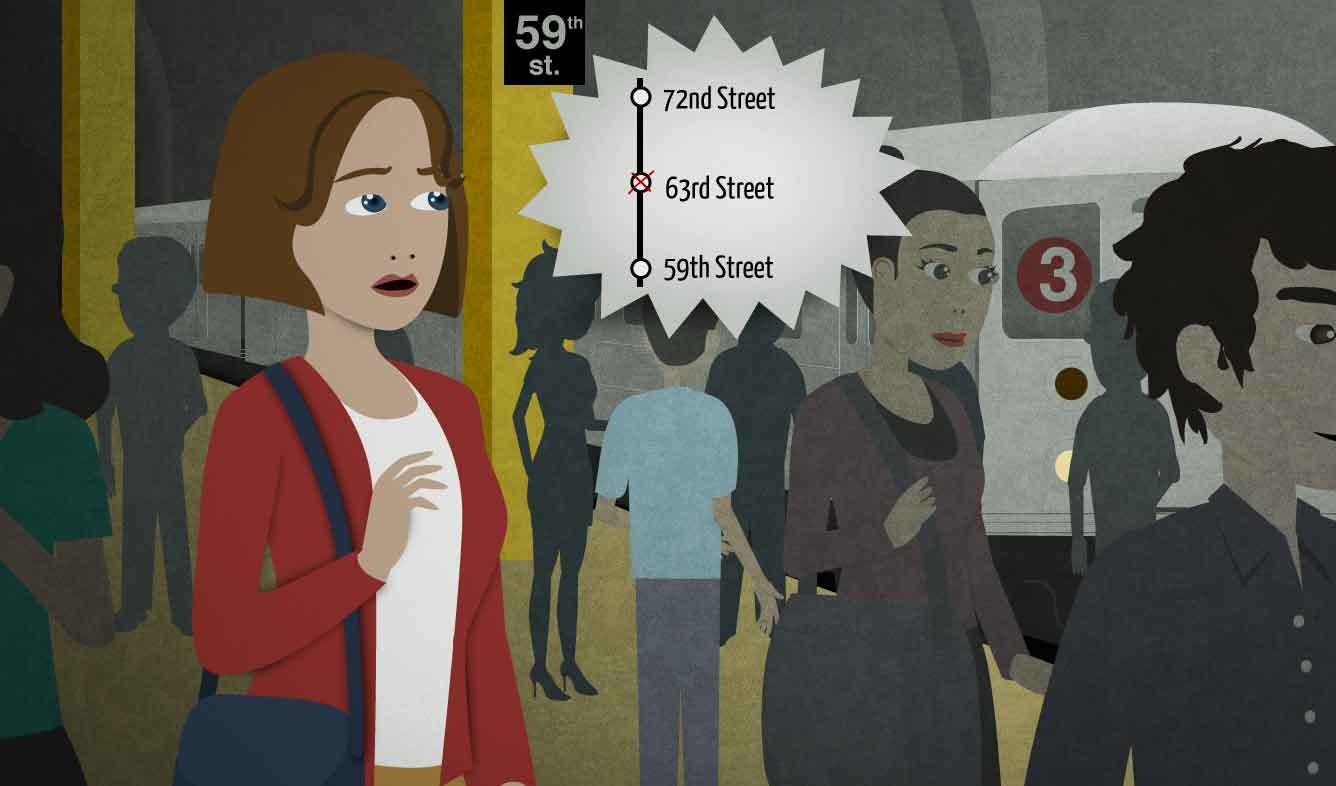 English Lesson: Due to construction, the uptown Bronx-bound 1 train will not be stopping at 63rd Street. The next stop is 72nd Street.